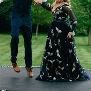 Navy Embroidered Long Sleeve V Neck Gown 55717